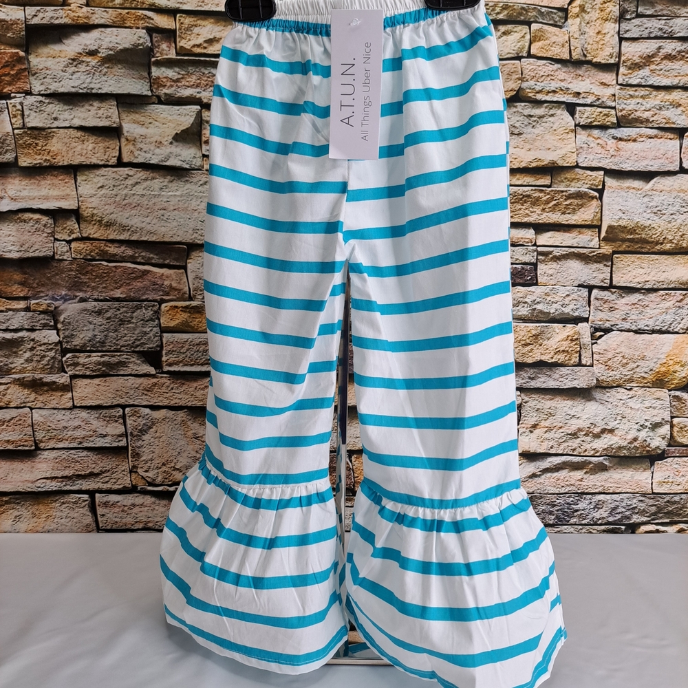 ATU.N Girls Teal & White Striped Ruffle-Hem Crisp Cool-Cotton Pants